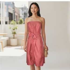Strapless Tie-Waist Midi Dress in Rose